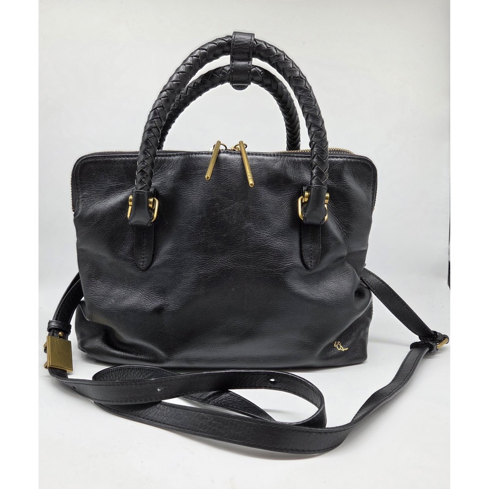 Elliott Lucca Black Leather Braided Handle Satchel Bag Gold Hardware...